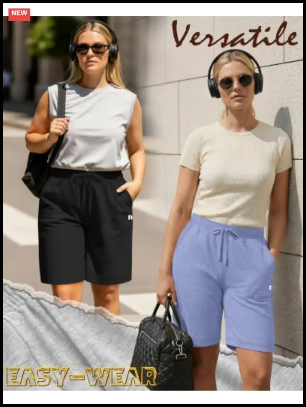 Plus Size Bermuda Shorts 3 Pack Cotton Blend High Waist Drawstring Pockets